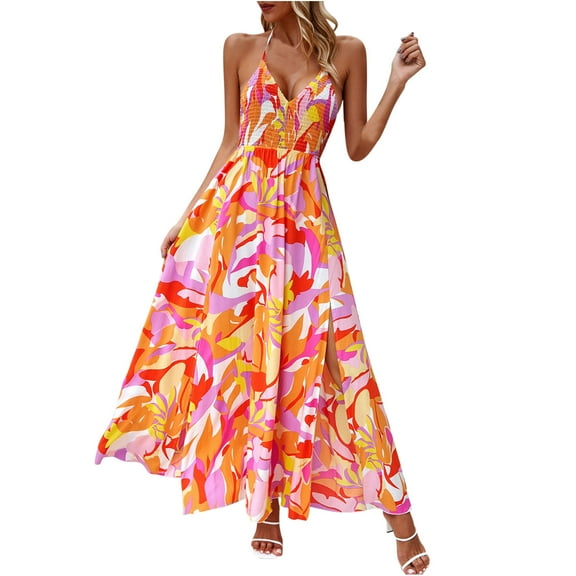 Wycnly Summer Dresses for Women Cocktail Dresses for Women Beach Boho Button Spaghetti Strap Flowy Swing Dress Womens Fashion Floral Print V-Neck Sleeveless Long Sun Dresses