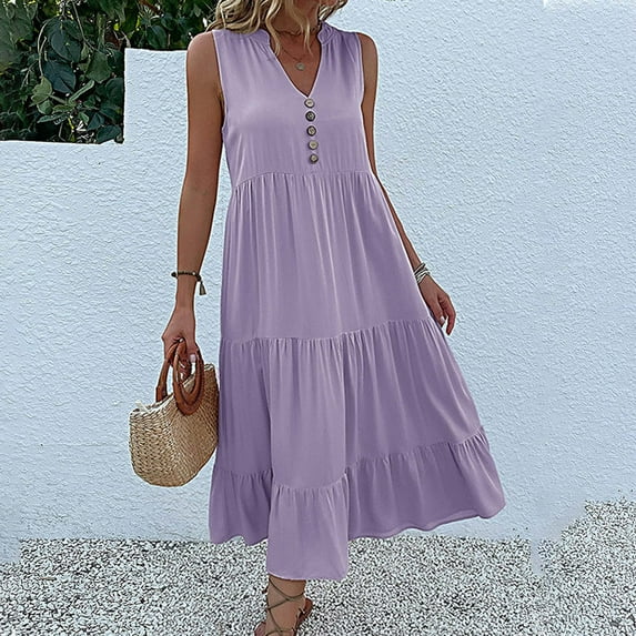 Wycnly Summer Dresses for Women Cocktail Dresses for Women Beach Button up Loose Ruffle Swing Tank Long Dress Ladies Vintage Solid V-Neck Sleeveless Maxi Sun Dress