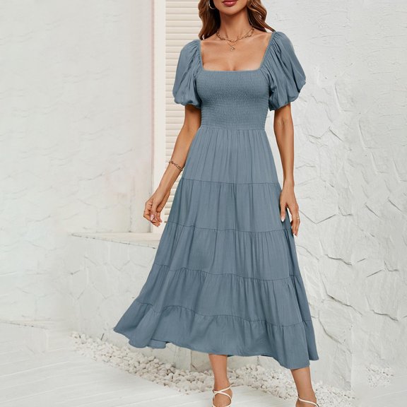 Wycnly Summer Dresses for Women Cocktail Dresses for Women Cocktail Party Prom Puff Sleeve Off Shoulder Flowy Ruffle Swing Long Dress Ladies Elegant Solid Square Neck Short Sleeve Maxi Dresses