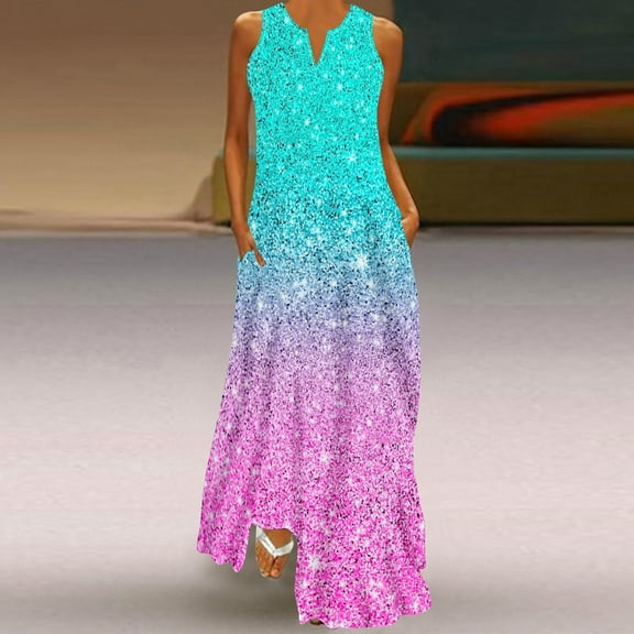 Wycnly Summer Dresses for Women Cocktail Dresses for Women Party Prom Loose Pocket Long Tank Dresses Ladies Casual Sequin V-Neck Sleeveless Maxi Sun Dress
