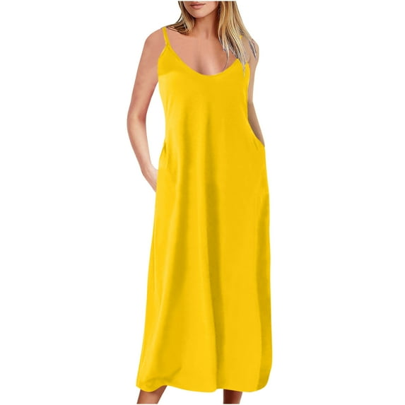 Wycnly Summer Dresses for Women Cocktail Dresses for Women Plus Size Beach Party Spaghetti Strap Maxi Dresses with Pocket Girls Vintage Solid Round Neck Sleeveless Long Dress