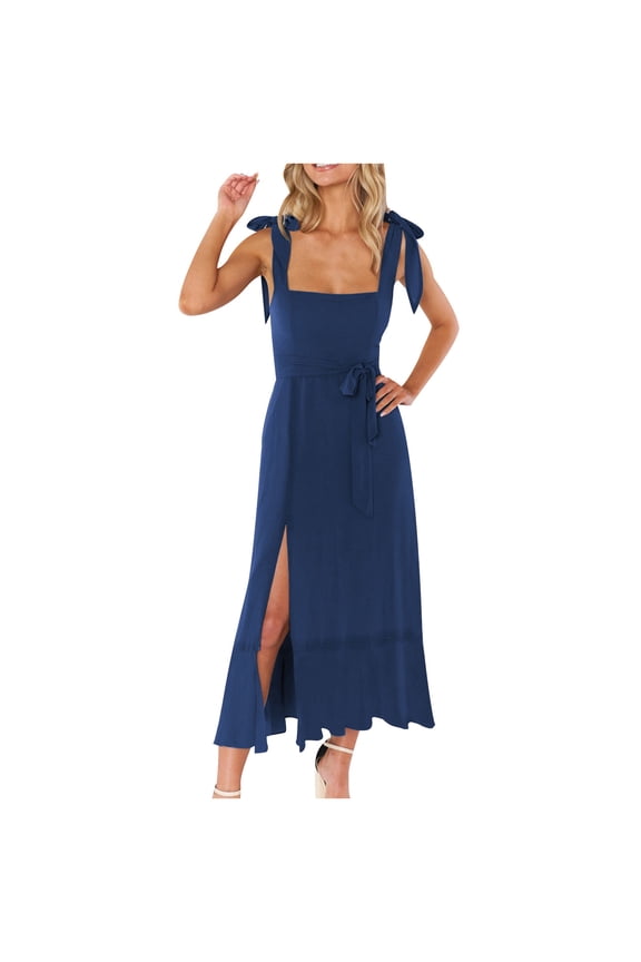 Summer Dresses for Women Cocktail Party Prom Solid Slit Ruffle Wrap Hem Strap Dresses with Belt 2025 Sleeveless Square Neck Plain Long Formal Dress Dark Blue l