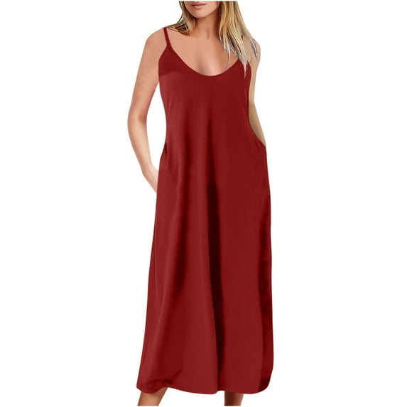 Wycnly Summer Dresses for Women Cocktail Dresses for Women Plus Size Beach Party Spaghetti Strap Maxi Dresses with Pocket Women Vintage Solid Round Neck Sleeveless Long Sundress