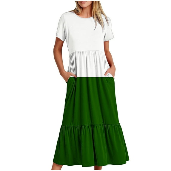 Wycnly Summer Dresses for Women Dresses for Women 2024 Pleated Swing Loose A Line Beach Long Dress with Pocket Women Formal Color Patchwork Round Neck Short Sleeve Maxi Sundresses