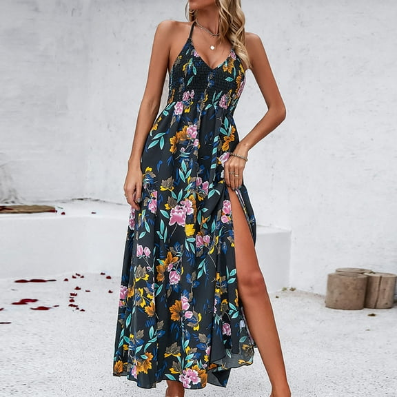 Wycnly Summer Dresses for Women Dresses for Women 2025 Beach Boho Elastic Waist Pleated Slit Swing Spaghetti Strap Long Dress Ladies Elegant Floral Print V-Neck Sleeveless Maxi Sun Dress