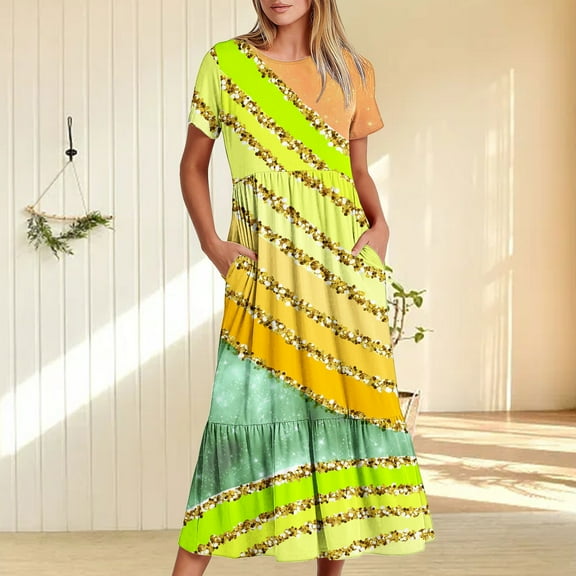 Wycnly Summer Dresses for Women Dresses for Women 2025 Beach Loose Pleated Swing Ruffle Hem A Line Long Dress with Pocket Women Elegant Striped Print Crewneck Short Sleeve Maxi Dress