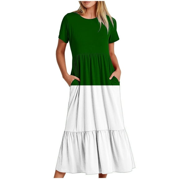 Wycnly Summer Dresses for Women Dresses for Women 2025 Pleated Swing Loose A Line Beach Maxi Dress with Pocket Girls Formal Color Patchwork Crewneck Short Sleeve Long Dresses
