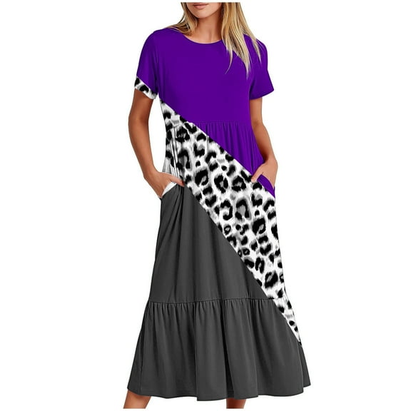 Wycnly Summer Dresses for Women Dresses for Women 2025 Pleated Swing Loose Pocket A Line Beach Maxi Dress Girls Fashion Leopard Print Round Neck Short Sleeve Long Sun Dress