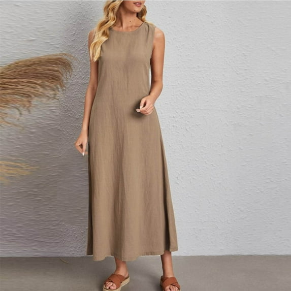 Wycnly Summer Dresses for Women Dresses for Women Beach Loose Breathabel Cotton Linen Tank Maxi Dress Women Trendy Solid Round Neck Sleeveless Maxi Sun Dress