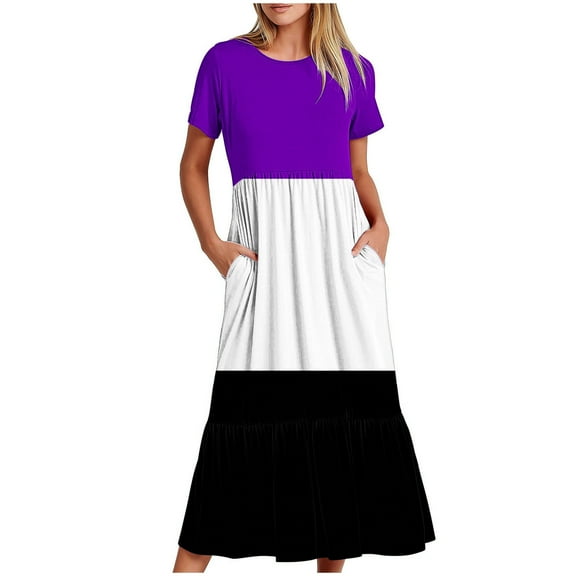 Wycnly Summer Dresses for Women Dresses for Women Pleated Swing Loose Pocket A Line Beach Long Dress Womens Casual Color Block Round Neck Short Sleeve Maxi Dress