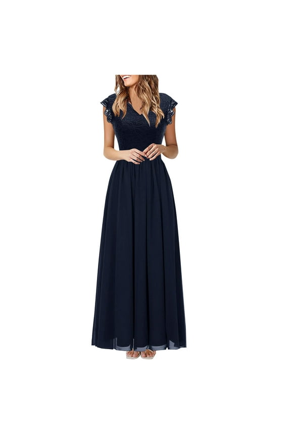 Summer Dresses for Women Elegant Lace Patchwork Evening Party Pleated Swing Long Dresses 2025 Sleeveless V-Neck Solid Maxi Formal Dress Navy XL