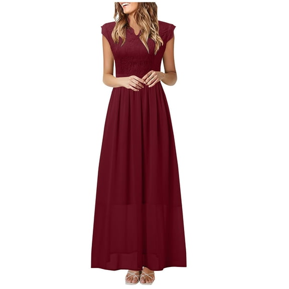 Wycnly Summer Dresses for Women Elegant Lace Patchwork Evening Party Pleated Swing Long Dresses 2025 Sleeveless V-Neck Solid Maxi Formal Dress Wine XL