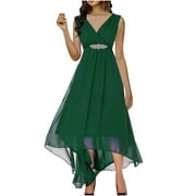 Wycnly Summer Dresses for Women Evening Party Elegant Mesh Patchwork Elastic Waist Chiffon Tank Dresses 2024 Sleeveless V-Neck Solid Maxi Formal Dress Green XXXL