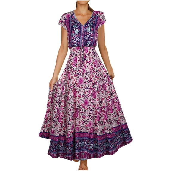 Wycnly Summer Dresses for Women Fashion Elastic Waist Button Pleated Swing Beach Bohemian Maxi Dresses 2025 Short Sleeve V-Neck Floral Print Long Formal Dress Purple l