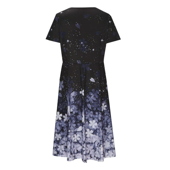 Wycnly Summer Dresses for Women Fashion Flowy Swing Party Plus Size Tunic Long Dresses 2025 Short Sleeve V-Neck Floral Print Maxi Formal Dress Purple l