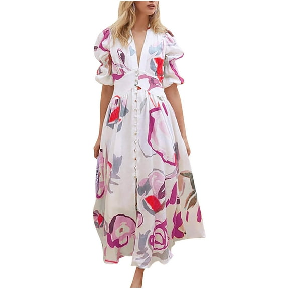 Wycnly Summer Dresses for Women Fashion High Waist Puff Sleeve Swing Button Down Shirt Maxi Dresses 2024 Short Sleeve V-Neck Flowers Print Long Formal Dress Hot Pink m