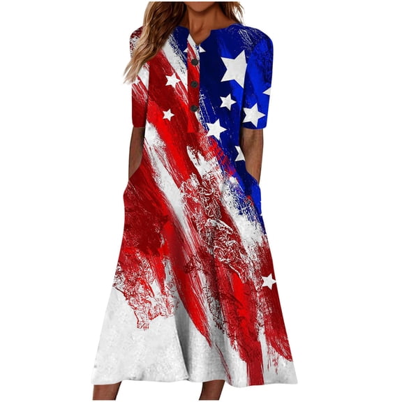Wycnly Summer Dresses for Women Fashion Loose Pocket Button Down Swing Tunic Independence Day Patriotic Maxi Dresses 2025 Short Sleeve V-Neck Star American Flag Print Long Formal Dress Blue s