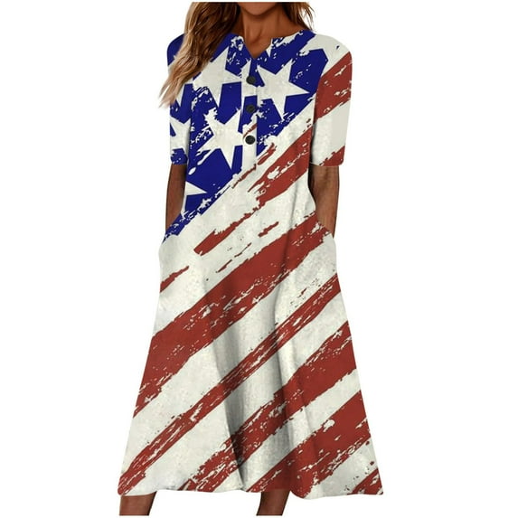 Wycnly Summer Dresses for Women Fashion Loose Pocket Button Down Swing Tunic Independence Day Patriotic Maxi Dresses 2025 Short Sleeve V-Neck Star American Flag Print Long Formal Dress Red m