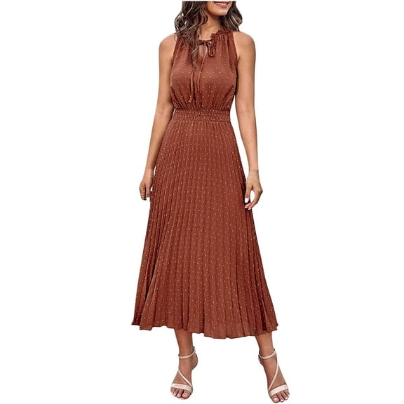 Wycnly Summer Dresses for Women Fashion Tie Front Elastic Waist Flowy Pleated Swing Tank Maxi Dresses 2024 Sleeveless Round Neck Solid Long Formal Dress Coffee XL