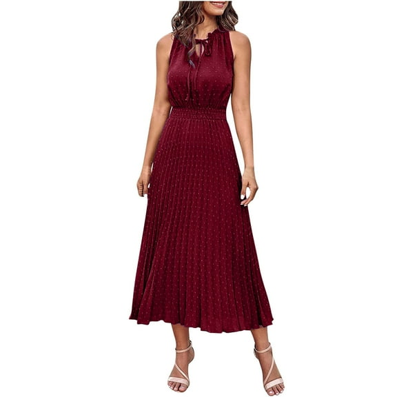 Wycnly Summer Dresses for Women Fashion Tie Front Elastic Waist Flowy Pleated Swing Tank Maxi Dresses 2025 Sleeveless Round Neck Solid Long Formal Dress Wine m