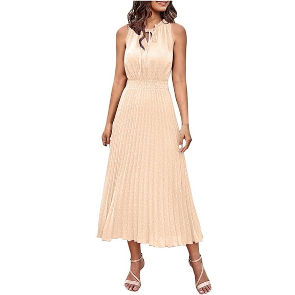 Wycnly Summer Dresses for Women Fashion Tie Front Elastic Waist Flowy Pleated Swing Tank Maxi Dresses 2025 Sleeveless Round Neck Solid Long Formal Dress Beige l