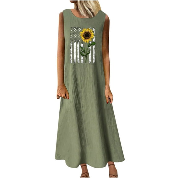 Wycnly Summer Dresses for Women Fashion US Flag Graphics 4th July Loose Swing Cotton Linen Tank Dresses Sleeveless Crewneck Sunflower Print Maxi 2024 Dress Army Green xl Clearance Under $5