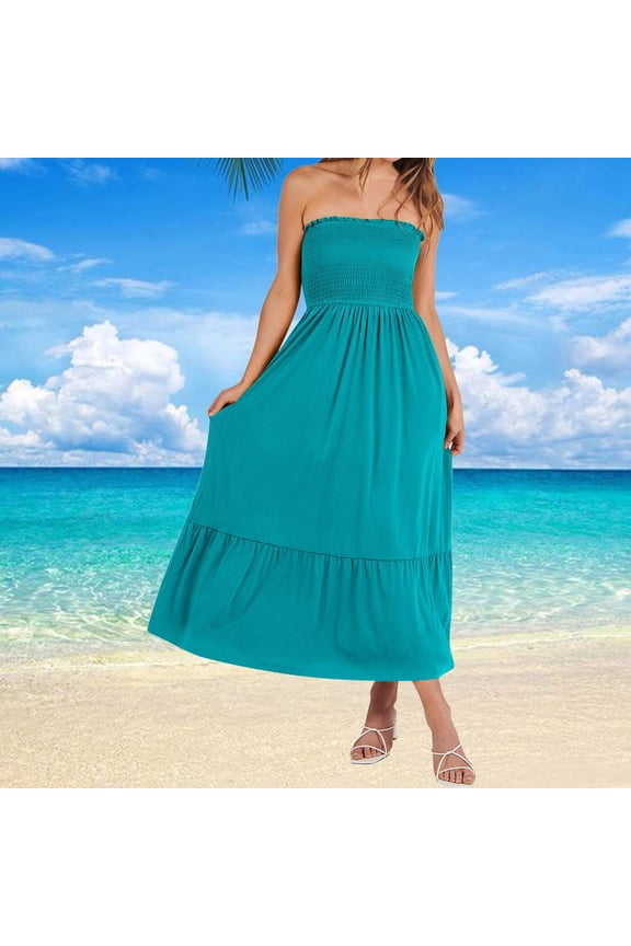 Summer Dresses for Women Formal Dresses for Women Beach Boho Elastic Waist Pleated Swing Strapless Maxi Dress Ladies Formal Solid Tube Top Sleeveless Long Dress