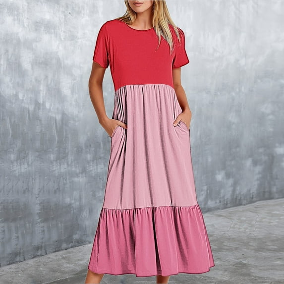 Wycnly Summer Dresses for Women Formal Dresses for Women Beach Loose Flowy Pleated Ruffle Swing Long Sundress with Pocket Womens Elegant Color Block Round Neck Short Sleeve Maxi Dress