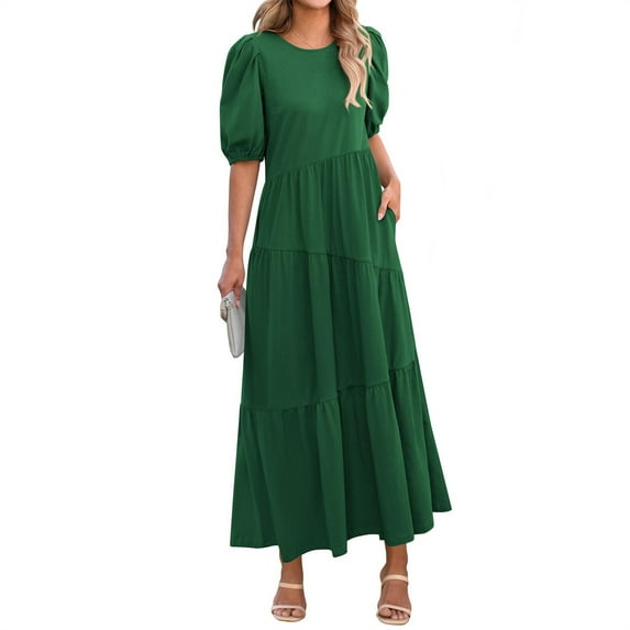 Wycnly Summer Dresses for Women Formal Dresses for Women Lantern Sleeve Loose Pleated Swing Maxi Dress Girls Vintage Solid Round Neck Short Sleeve Long Dress