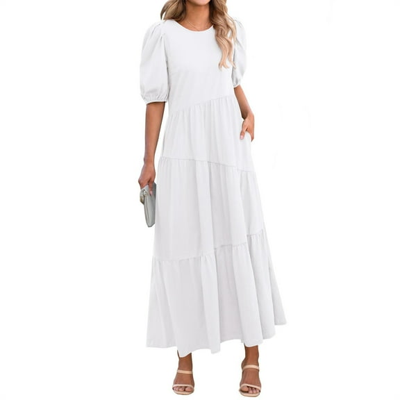 Wycnly Summer Dresses for Women Formal Dresses for Women Lantern Sleeve Loose Pleated Swing Maxi Dress Ladies Formal Solid Round Neck Short Sleeve Long Sundress