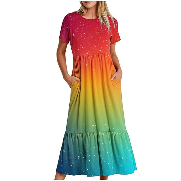 Wycnly Summer Dresses for Women Formal Dresses for Women Loose Pocket Flowy Pleated Swing A Line Long Dresses Ladies Elegant Gradient Print Round Neck Short Sleeve Maxi Dresses