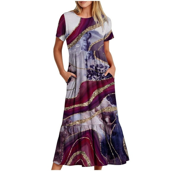 Wycnly Summer Dresses for Women Formal Dresses for Women Loose Pocket Flowy Pleated Swing Tunic Maxi Dresses Womens Elegant Marbled Print Round Neck Short Sleeve Long Dress