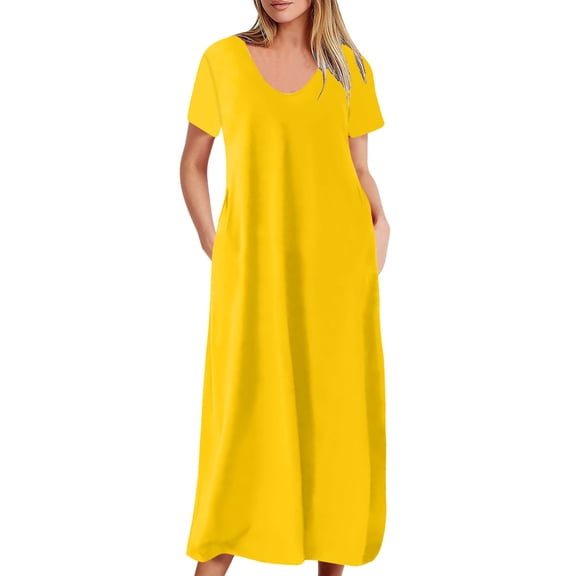 Wycnly Summer Dresses for Women Formal Dresses for Women Plus Size Beach Party Spaghetti Strap Maxi Dresses with Pocket Womens Formal Solid V-Neck Short Sleeve Long Sundresses