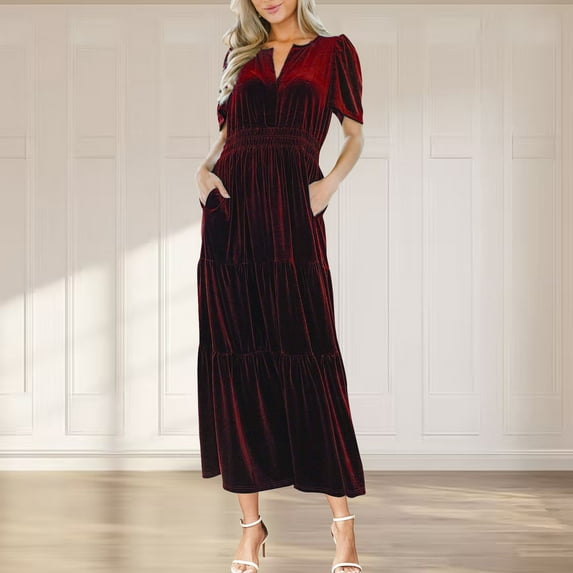 Wycnly Summer Dresses for Women Formal Dresses for Women Party Comfy Gold Velvet Elastic Waist Pleated Swing Pocket Dress Women Casual Solid V-Neck Short Sleeve Long Dress