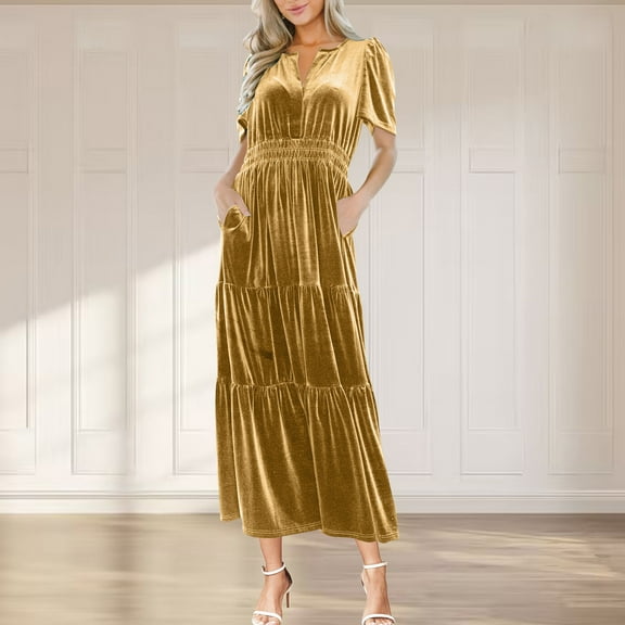 Wycnly Summer Dresses for Women Formal Dresses for Women Party Comfy Gold Velvet Elastic Waist Pleated Swing Pocket Dress Womens Trendy Solid V-Neck Short Sleeve Long Sun Dresses