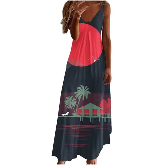 Wycnly Summer Dresses for Women Hawaiian Vacation Loose Swing Spaghetti Strap Long Sundresses 2024 Short Sleeve V-Neck Coconut Tree Print Maxi Formal Dress Red XL