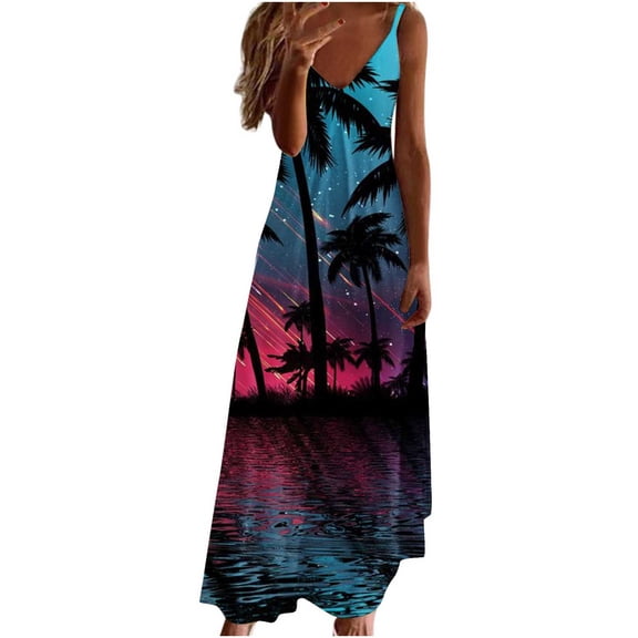 Wycnly Summer Dresses for Women Hawaiian Vacation Loose Swing Spaghetti Strap Long Sundresses 2024 Short Sleeve V-Neck Coconut Tree Print Maxi Formal Dress Sky Blue XL