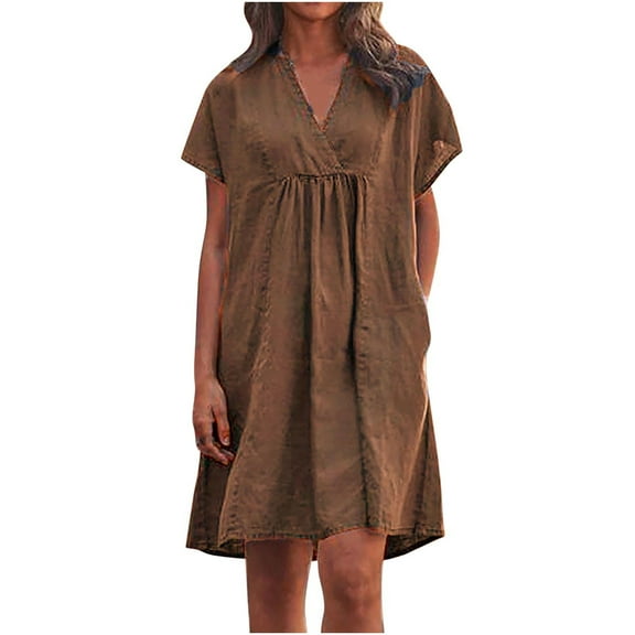 Wycnly Summer Dresses for Women High Waist Smocked Swing Plus Size Pocket Cotton Linen Tunic Dresses 2025 Casual Short Sleeve V-Neck Solid Mini Dress Coffee xxxl