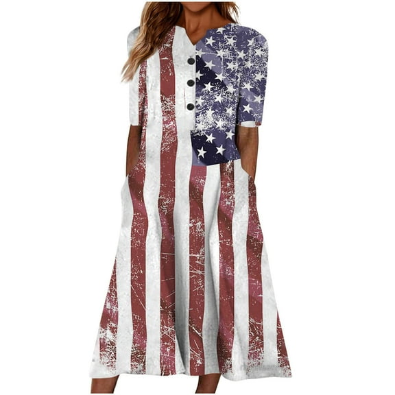 Wycnly Summer Dresses for Women Independence Day Casual Pocket Loose Swing Patriotic Tunic Long Dresses with Pocket 2025 Short Sleeve V-Neck Star Flag Print Maxi Formal Dress White l