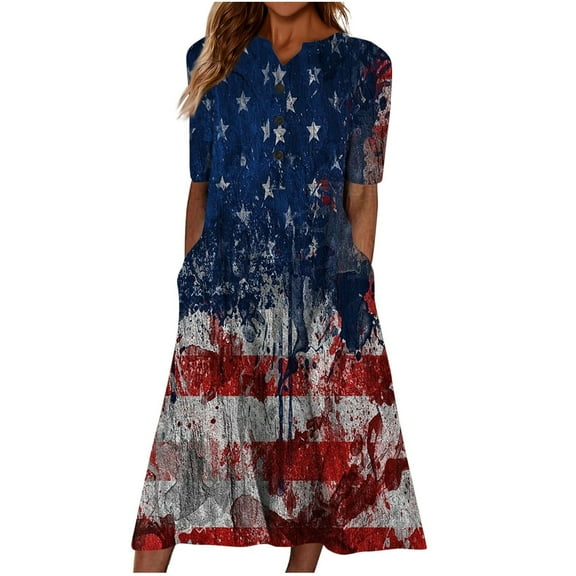 Wycnly Summer Dresses for Women Independence Day Fashion Button Pocket Swing Tunic Dress for 4th July 2024 Short Sleeve V-Neck Star Print Long Formal Dress Navy s