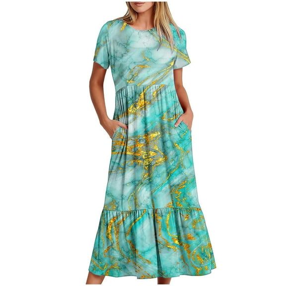 Wycnly Summer Dresses for Women Summer Dresses for Women Loose Pocket Flowy Pleated Swing Tunic Long Dresses Ladies Formal Marbled Print Crewneck Short Sleeve Maxi Sun Dress