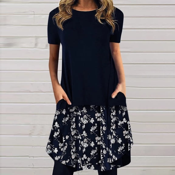 Wycnly Summer Dresses for Women Loose Swing Pocket Tunic Tshirt Knee-Length Dresses Short Sleeve Crewneck Floral Print Midi 2024 Casual Dress Navy m Under $5