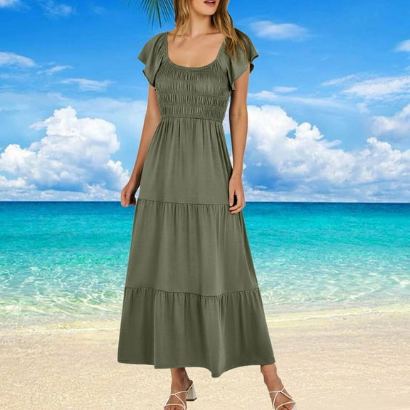 Wycnly Summer Dresses for Women Maxi Dress for Women Elastic Waist Flowy Pleated Swing Ruffle Sleeve Long Beach Dress Ladies Casual Solid Square Neck Short Sleeve Maxi Sun Dress