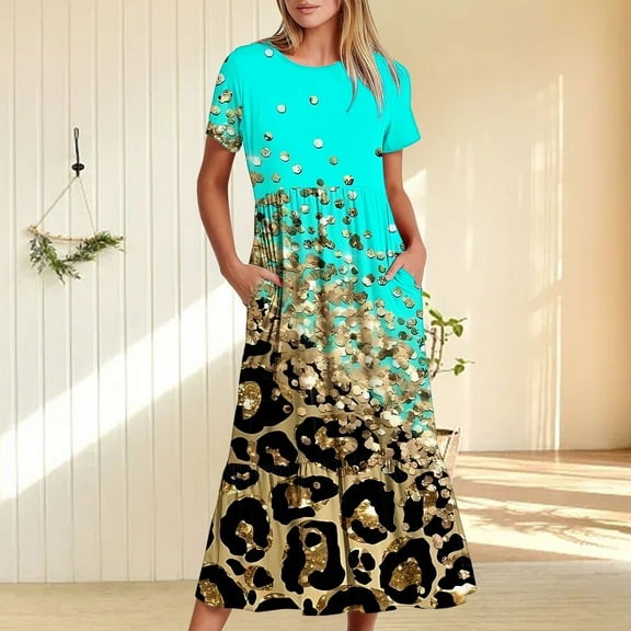 Wycnly Summer Dresses for Women Maxi Dress for Women Loose Flowy Pleated Ruffle Swing A-Line Long Dress with Pocket Women Elegant Leopard Print Round Neck Short Sleeve Maxi Sundresses