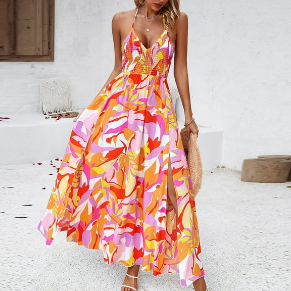 Wycnly Summer Dresses for Women Maxi Dress for Women Beach Boho Elastic Waist Spaghetti Strap Slit Long Dress Girls Fashion Floral Print V-Neck Sleeveless Maxi Sundresses