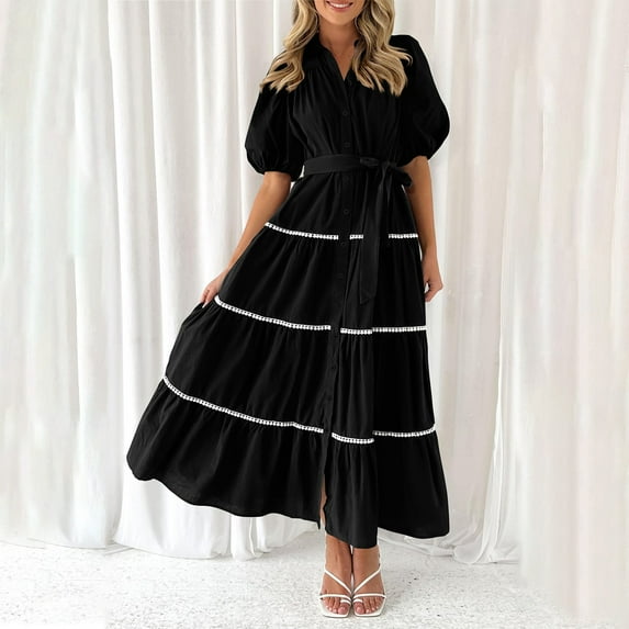 Wycnly Summer Dresses for Women Maxi Dress for Women Button Down Loose Flowy Ruffle Swing Puff Sleeve Dress with Belt Women Vintage Solid V-Neck Short Sleeve Long Dress