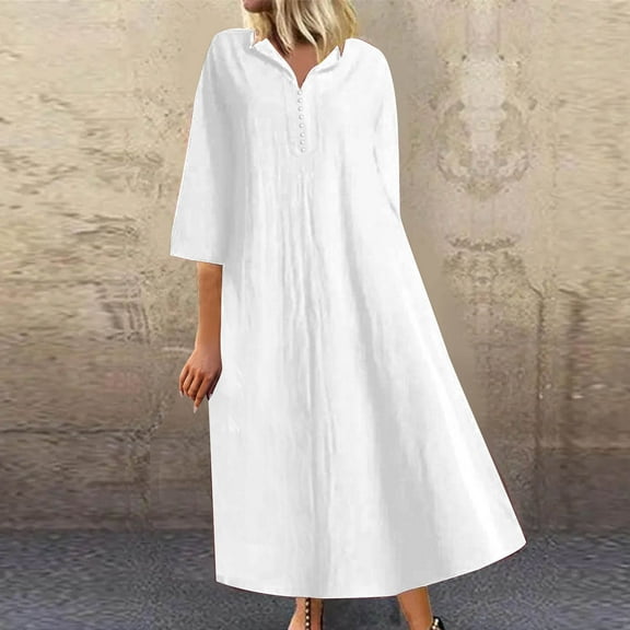 Wycnly Summer Dresses for Women Maxi Dress for Women Button up Plus Size Loose Swing Cotton Linen Maxi Dress Girls Elegant Solid Lapel Elbow-Length Long Sundresses