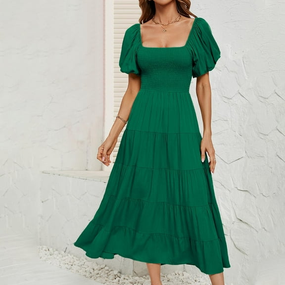 Wycnly Summer Dresses for Women Maxi Dress for Women Cocktail Party Prom Puff Sleeve Off Shoulder Flowy Ruffle Swing Long Dress Womens Trendy Solid Square Neck Short Sleeve Maxi Sun Dress