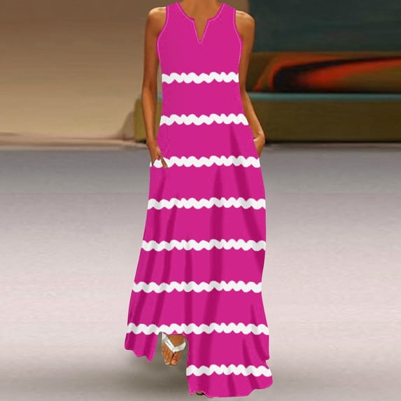 Wycnly Summer Dresses for Women Maxi Dress for Women Loose Beach Boho Maxi Tank Dresses with Pocket Girls Formal Striped Print V-Neck Sleeveless Long Sun Dress