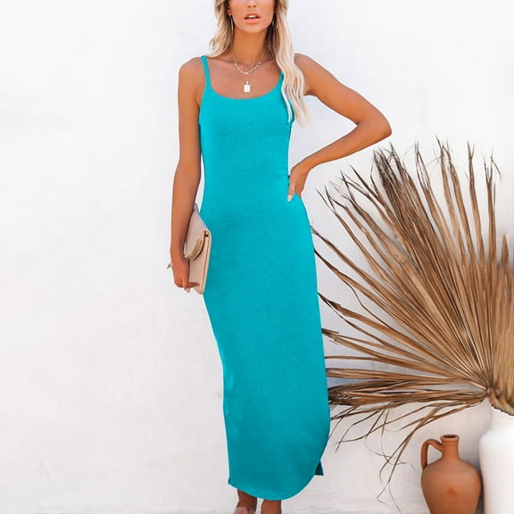 Wycnly Summer Dresses for Women Maxi Dress for Women Party Club Spaghetti Strap Knitted Bodycon Dress Women Elegant Solid Round Neck Sleeveless Long Dress